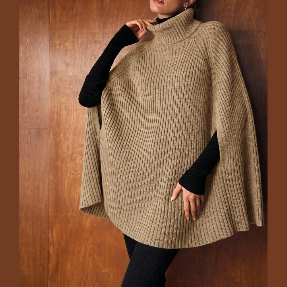 Tan Ribbed Knit Turtleneck Poncho Sweater